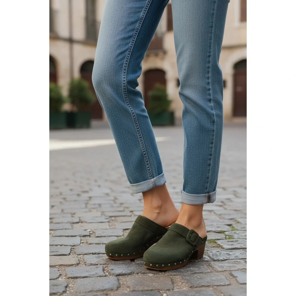 Atalina Women Olive Green Suede Clogs Size 8.5 Wooden Heel Studded Buckle - Picture 2 of 6